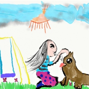 Cover art by Riya Suhel, our 8-year old friend and listener, for Ammu Learns to Whistle.