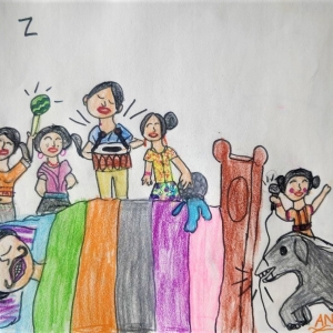 Cover art by our 7-year old friend and listener Anaika Kurian, for Kengeri Kannan wants to sleep,