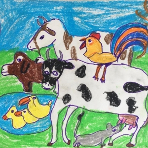 Cover art by Ujaan Chatterjee, our 6-year-old friend and listener, for Kengeri Kannan learns to sing.