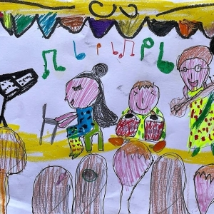 Cover Art by Kaveri Anand Agarwala, our 5-year-old friend and listener, for Nani and MIshti go to a music concert.