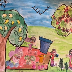 Cover art by our 7-year-old friend and listener Navya Singh, for Nani, Mishti and Tara go for a picnic.