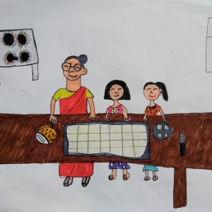Cover art by our 8-year old friend and listener Aditi Nikhil Eldurkar, for Nani, Mishti and Tara make coconut barfi.