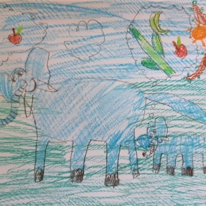 Cover Art by Yamini Kamath, our 5-year-old friend and listener, for Paro the hungry elephant.