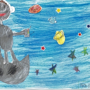 Cover Art by Nandita Gautam, our 6-year-old friend and listener, for Samar's Space Adventures.