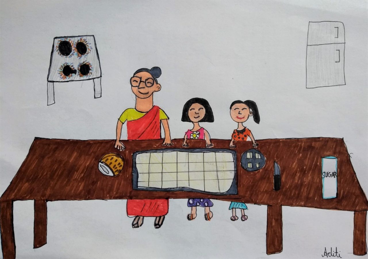 Cover art by our 8-year old friend and listener Aditi Nikhil Eldurkar, for Nani, Mishti and Tara make coconut barfi.